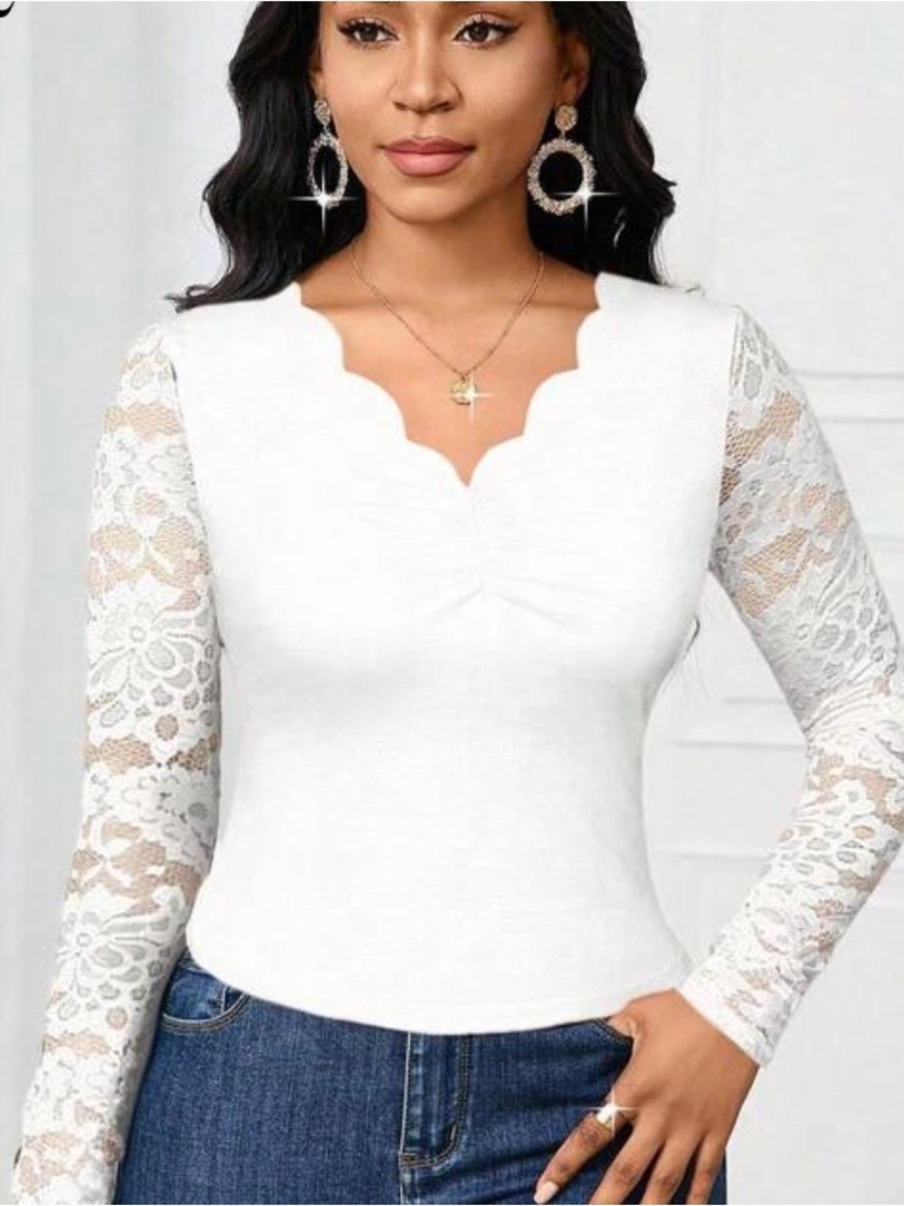 Women's White Lace Long-Sleeve Scallop Neck Top